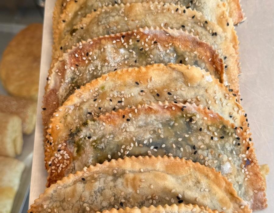 Thin crispy Cretan cheese pies, traditional pastry, Bakery Kissamos