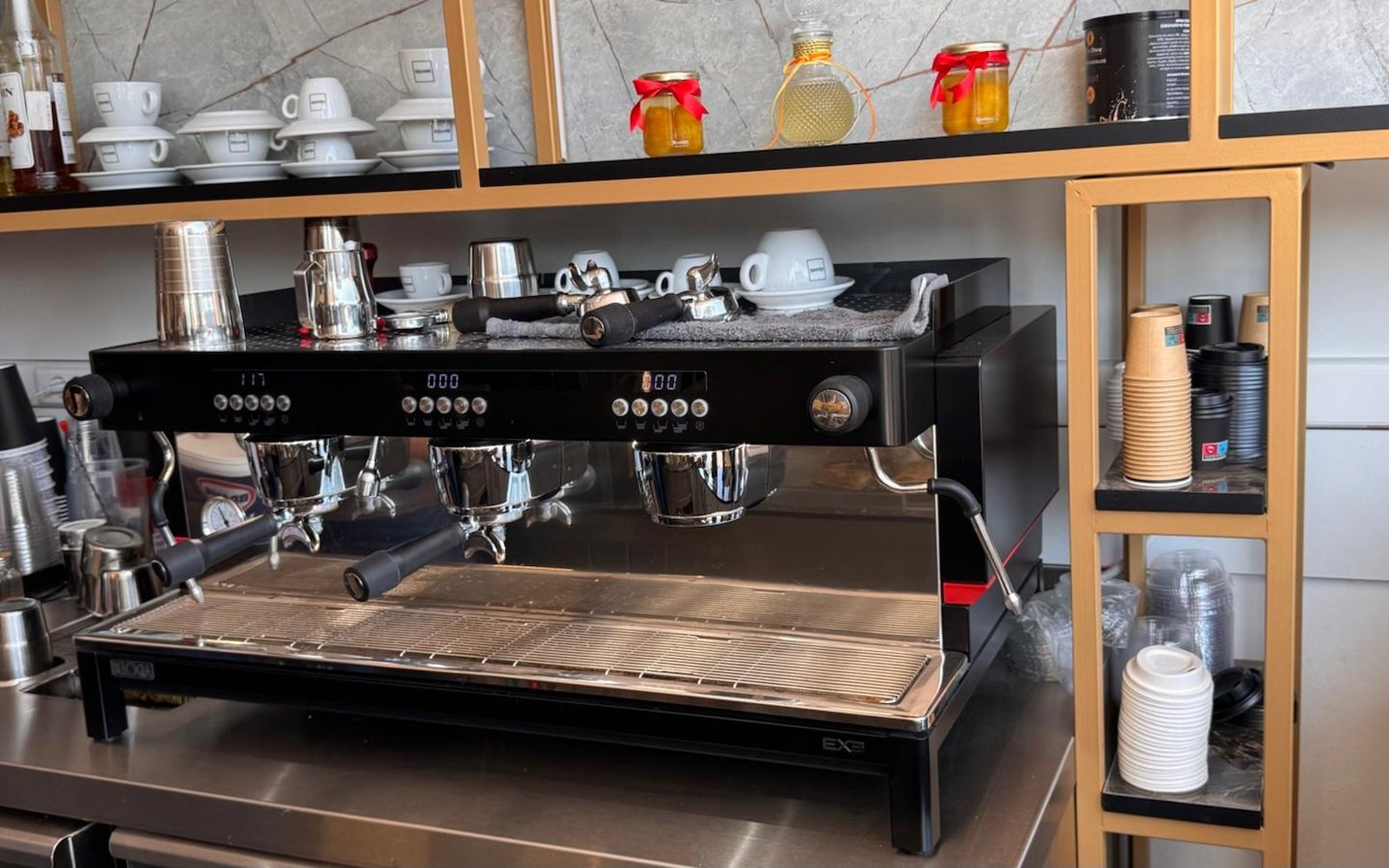 Professional espresso machine at the Bakery Kissamos coffee bar, Crete
